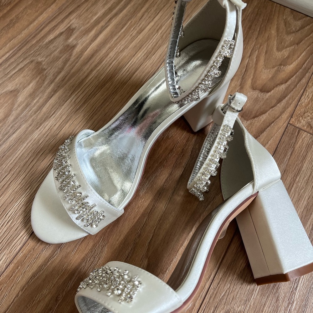 White Crystal Embellished Satin Bridal Block Heel Sandals